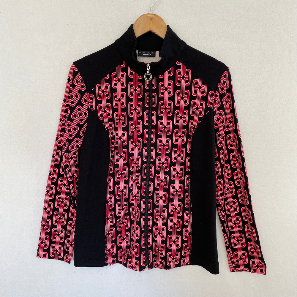 SUSAN GRAVER WEEKEND Medium Black & Red Chain Print Full Zip Jacket